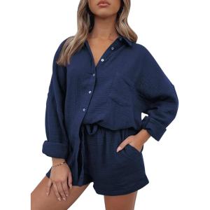 imageAUTOMET 2 Piece Sets For Women Lounge Wear Matching Two Piece Pajama Fashion Oversized Shirts And Shorts Spring Outfit 202501navyblue