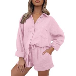 imageAUTOMET 2 Piece Sets For Women Lounge Wear Matching Two Piece Pajama Fashion Oversized Shirts And Shorts Spring Outfit 202501pink