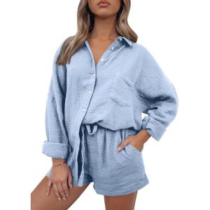 imageAUTOMET 2 Piece Sets For Women Lounge Wear Matching Two Piece Pajama Fashion Oversized Shirts And Shorts Spring Outfit 202501skyblue