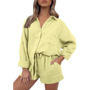 imageAUTOMET 2 Piece Sets For Women Lounge Wear Matching Two Piece Pajama Fashion Oversized Shirts And Shorts Spring Outfit 202501yellow