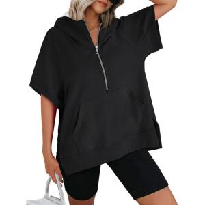 imageAUTOMET Oversized Hoodies for Women Short Sleeve Half zip Sweatshirt Fleece Loose Fit Pullover 2025 Fall Fashion OutfitsBlack