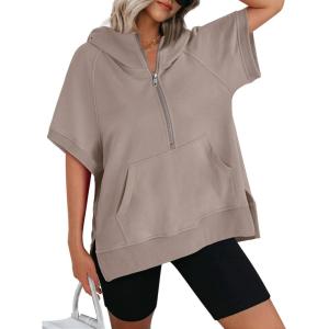 imageAUTOMET Oversized Hoodies for Women Short Sleeve Half zip Sweatshirt Fleece Loose Fit Pullover 2025 Fall Fashion OutfitsCoffee Grey
