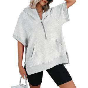 imageAUTOMET Oversized Hoodies for Women Short Sleeve Half zip Sweatshirt Fleece Loose Fit Pullover 2025 Fall Fashion OutfitsGrey
