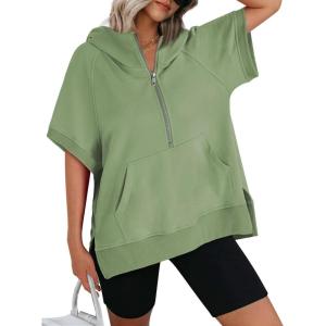 imageAUTOMET Oversized Hoodies for Women Short Sleeve Half zip Sweatshirt Fleece Loose Fit Pullover 2025 Fall Fashion OutfitsLight Green