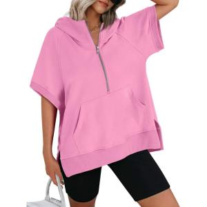 imageAUTOMET Oversized Hoodies for Women Short Sleeve Half zip Sweatshirt Fleece Loose Fit Pullover 2025 Fall Fashion OutfitsPink
