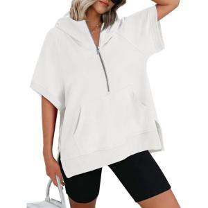 imageAUTOMET Oversized Hoodies for Women Short Sleeve Half zip Sweatshirt Fleece Loose Fit Pullover 2025 Fall Fashion OutfitsWhite