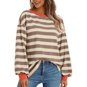 imageAUTOMET Oversized Tshirts for Women Striped Long Sleeve Cotton Trendy Tops 2024 Loose Fit Tee Shirt Crewneck Fall Outfit StripedKhaki M