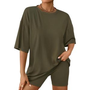 imageAUTOMET Womens 2 Piece Sets Summer Outfits 2025 Two Piece Lounge Set Matching Clothing Oversized Tshirts Biker Short FashionArmygreen