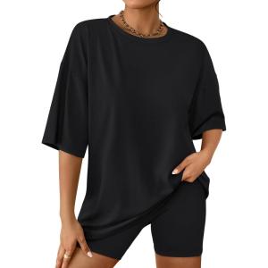 imageAUTOMET Womens 2 Piece Sets Summer Outfits 2025 Two Piece Lounge Set Matching Clothing Oversized Tshirts Biker Short FashionBlack