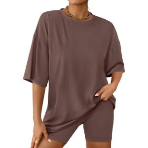 imageAUTOMET Womens 2 Piece Sets Summer Outfits 2025 Two Piece Lounge Set Matching Clothing Oversized Tshirts Biker Short FashionBrown