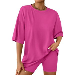 imageAUTOMET Womens 2 Piece Sets Summer Outfits 2025 Two Piece Lounge Set Matching Clothing Oversized Tshirts Biker Short FashionDeeppink