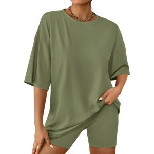 imageAUTOMET Womens 2 Piece Sets Summer Outfits 2025 Two Piece Lounge Set Matching Clothing Oversized Tshirts Biker Short FashionGreen