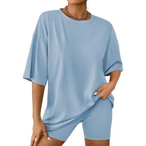 imageAUTOMET Womens 2 Piece Sets Summer Outfits 2025 Two Piece Lounge Set Matching Clothing Oversized Tshirts Biker Short FashionGreyblue