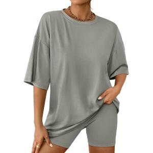 imageAUTOMET Womens 2 Piece Sets Summer Outfits 2025 Two Piece Lounge Set Matching Clothing Oversized Tshirts Biker Short FashionGreygreen