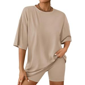 imageAUTOMET Womens 2 Piece Sets Summer Outfits 2025 Two Piece Lounge Set Matching Clothing Oversized Tshirts Biker Short FashionKhaki