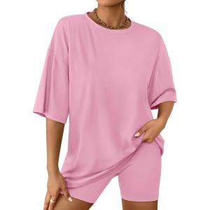 imageAUTOMET Womens 2 Piece Sets Summer Outfits 2025 Two Piece Lounge Set Matching Clothing Oversized Tshirts Biker Short FashionPink