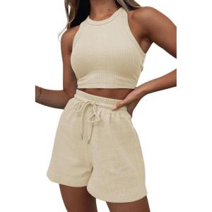 imageAUTOMET Womens 2 Piece Shorts Lounge Sets Two Piece Summer Workout Outfits Beach Vacation Trendy 2025 ClothesBeige