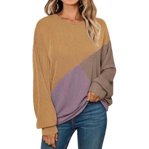 imageAUTOMET Womens Color Block Long Sleeve Top Crewneck Shirt 2025Khaki Nutmeg Greypurple