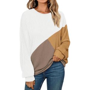 imageAUTOMET Womens Color Block Long Sleeve Top Crewneck Shirt 2025White Khaki Nutmeg