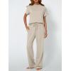 imageAUTOMET Womens Mock Neck 2 Piece Lounge Set Matching Summer Loose Fit Wide Leg Pants SetKhaki