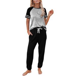 imageAUTOMET Lounge Sets For Women Two Piece Outfits Loungewear Short Sleeve Crewneck Jogger Pajama Set Sweatpants TracksuitBlackgrey