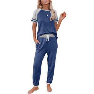 imageAUTOMET Lounge Sets For Women Two Piece Outfits Loungewear Short Sleeve Crewneck Jogger Pajama Set Sweatpants TracksuitBlue