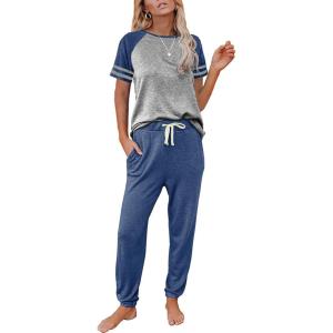 imageAUTOMET Lounge Sets For Women Two Piece Outfits Loungewear Short Sleeve Crewneck Jogger Pajama Set Sweatpants TracksuitBluegrey