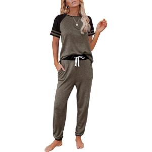 imageAUTOMET Lounge Sets For Women Two Piece Outfits Loungewear Short Sleeve Crewneck Jogger Pajama Set Sweatpants TracksuitCoffee