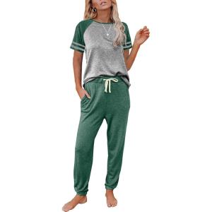 imageAUTOMET Lounge Sets For Women Two Piece Outfits Loungewear Short Sleeve Crewneck Jogger Pajama Set Sweatpants TracksuitGreengrey