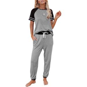 imageAUTOMET Lounge Sets For Women Two Piece Outfits Loungewear Short Sleeve Crewneck Jogger Pajama Set Sweatpants TracksuitGrey