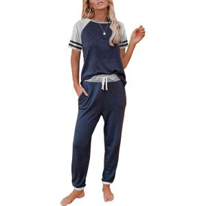 imageAUTOMET Lounge Sets For Women Two Piece Outfits Loungewear Short Sleeve Crewneck Jogger Pajama Set Sweatpants TracksuitNavy Blue
