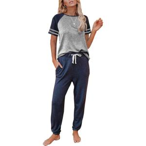 imageAUTOMET Lounge Sets For Women Two Piece Outfits Loungewear Short Sleeve Crewneck Jogger Pajama Set Sweatpants TracksuitNavybluegrey
