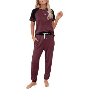 imageAUTOMET Lounge Sets For Women Two Piece Outfits Loungewear Short Sleeve Crewneck Jogger Pajama Set Sweatpants TracksuitWine Red