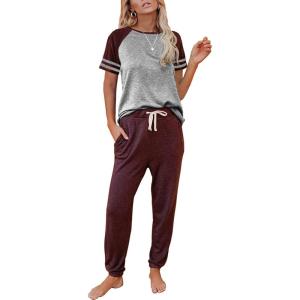 imageAUTOMET Lounge Sets For Women Two Piece Outfits Loungewear Short Sleeve Crewneck Jogger Pajama Set Sweatpants TracksuitWineredgrey