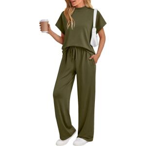 imageAUTOMET Womens Mock Neck 2 Piece Lounge Set Matching Summer Loose Fit Wide Leg Pants SetArmygreen