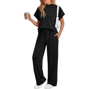 imageAUTOMET Womens Mock Neck 2 Piece Lounge Set Matching Summer Loose Fit Wide Leg Pants SetBlack