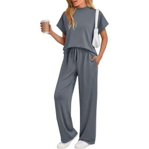 imageAUTOMET Womens Mock Neck 2 Piece Lounge Set Matching Summer Loose Fit Wide Leg Pants SetBlue Grey