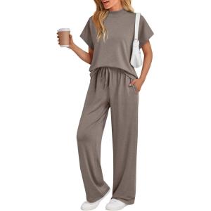 imageAUTOMET Womens Mock Neck 2 Piece Lounge Set Matching Summer Loose Fit Wide Leg Pants SetHeather Mocha