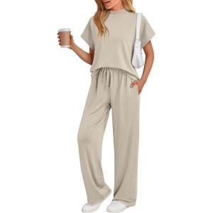 imageAUTOMET Womens Mock Neck 2 Piece Lounge Set Matching Summer Loose Fit Wide Leg Pants SetKhaki