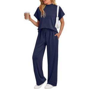 imageAUTOMET Womens Mock Neck 2 Piece Lounge Set Matching Summer Loose Fit Wide Leg Pants SetNavyblue