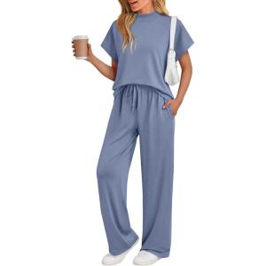 imageAUTOMET Womens Mock Neck 2 Piece Lounge Set Matching Summer Loose Fit Wide Leg Pants SetOcean Blue