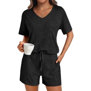 imageAUTOMET Womens Pajamas 2 Piece Lounge Sets Summer Tracksuits Ribbed Spring Outfits Matching Vacation Clothes LoungewearBlack