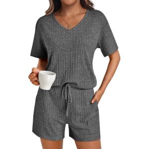 imageAUTOMET Womens Pajamas 2 Piece Lounge Sets Summer Tracksuits Ribbed Spring Outfits Matching Vacation Clothes LoungewearBlackgrey