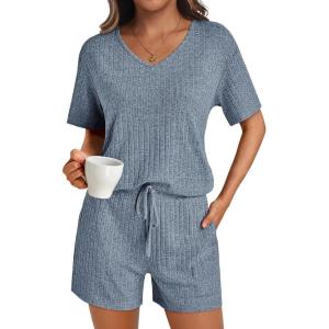 imageAUTOMET Womens Pajamas 2 Piece Lounge Sets Summer Tracksuits Ribbed Spring Outfits Matching Vacation Clothes LoungewearBlue