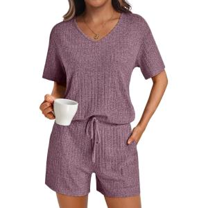 imageAUTOMET Womens Pajamas 2 Piece Lounge Sets Summer Tracksuits Ribbed Spring Outfits Matching Vacation Clothes LoungewearBurgundy