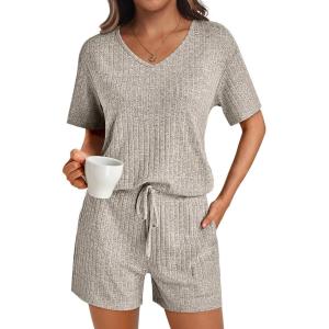 imageAUTOMET Womens Pajamas 2 Piece Lounge Sets Summer Tracksuits Ribbed Spring Outfits Matching Vacation Clothes LoungewearCamel