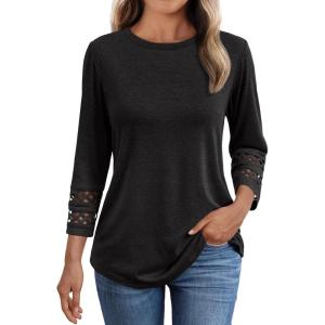 imageAUTOMET 34 Length Sleeve Womens Tops Crewneck Lace Tunic Business Casual Dressy Blouses Spring Trendy Outfits 2025Black