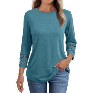imageAUTOMET 34 Length Sleeve Womens Tops Crewneck Lace Tunic Business Casual Dressy Blouses Spring Trendy Outfits 2025Cyan