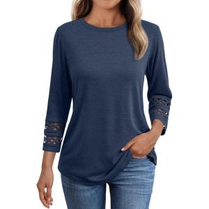 imageAUTOMET 34 Length Sleeve Womens Tops Crewneck Lace Tunic Business Casual Dressy Blouses Spring Trendy Outfits 2025Dark Blue