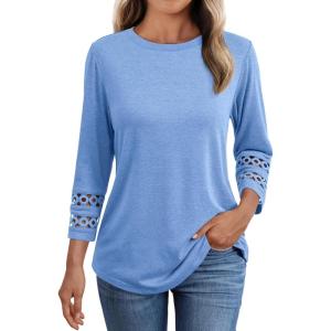 imageAUTOMET 34 Length Sleeve Womens Tops Crewneck Lace Tunic Business Casual Dressy Blouses Spring Trendy Outfits 2025Skyblue